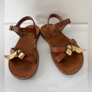 Pom D'Api Brown Leather Kids Sandals with Gold Knot